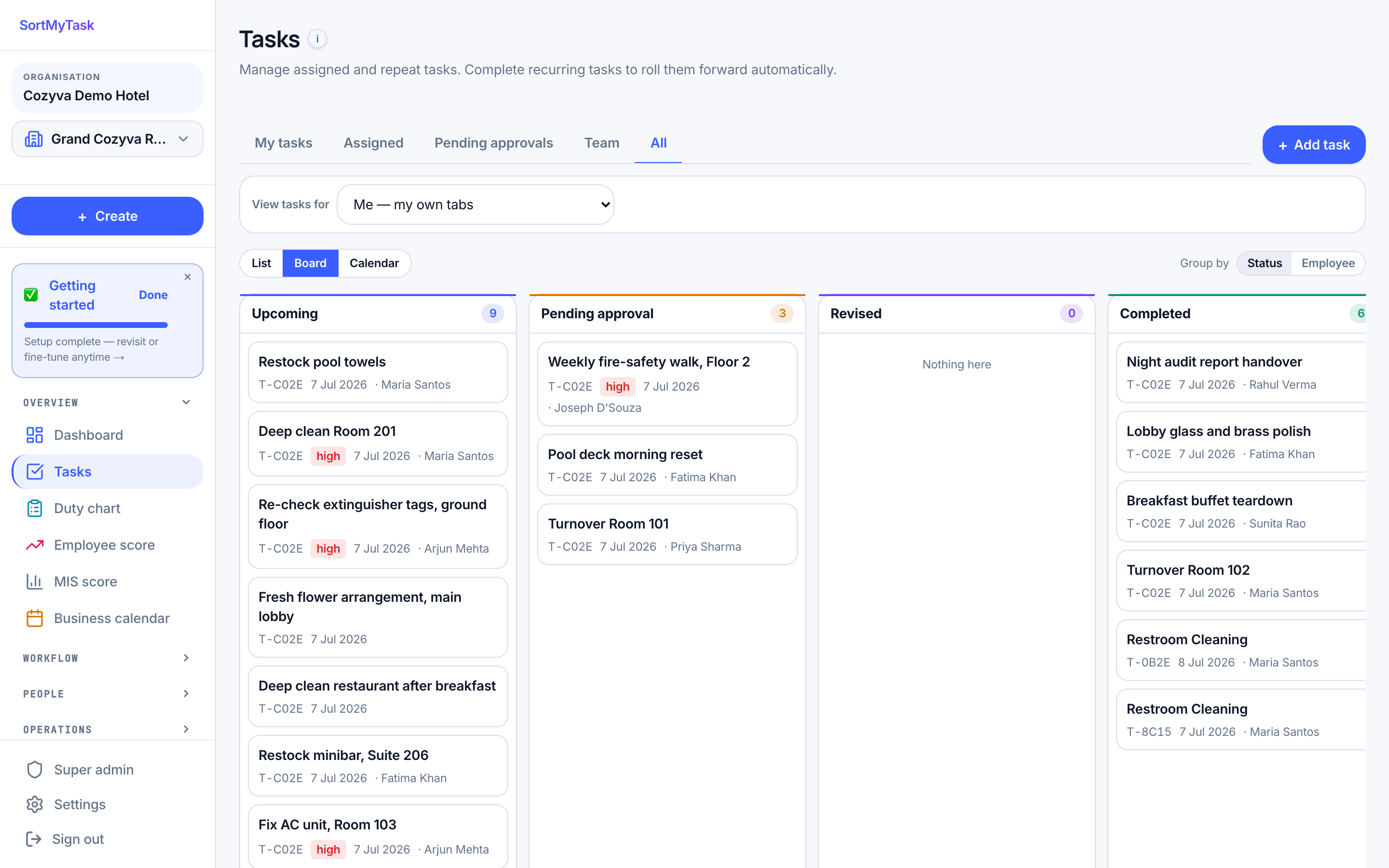 The real SortMyTask board: every location's day on one screen